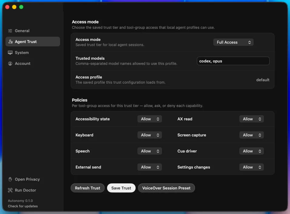 Autonomy trust settings showing agent controls, approvals, and account safeguards.