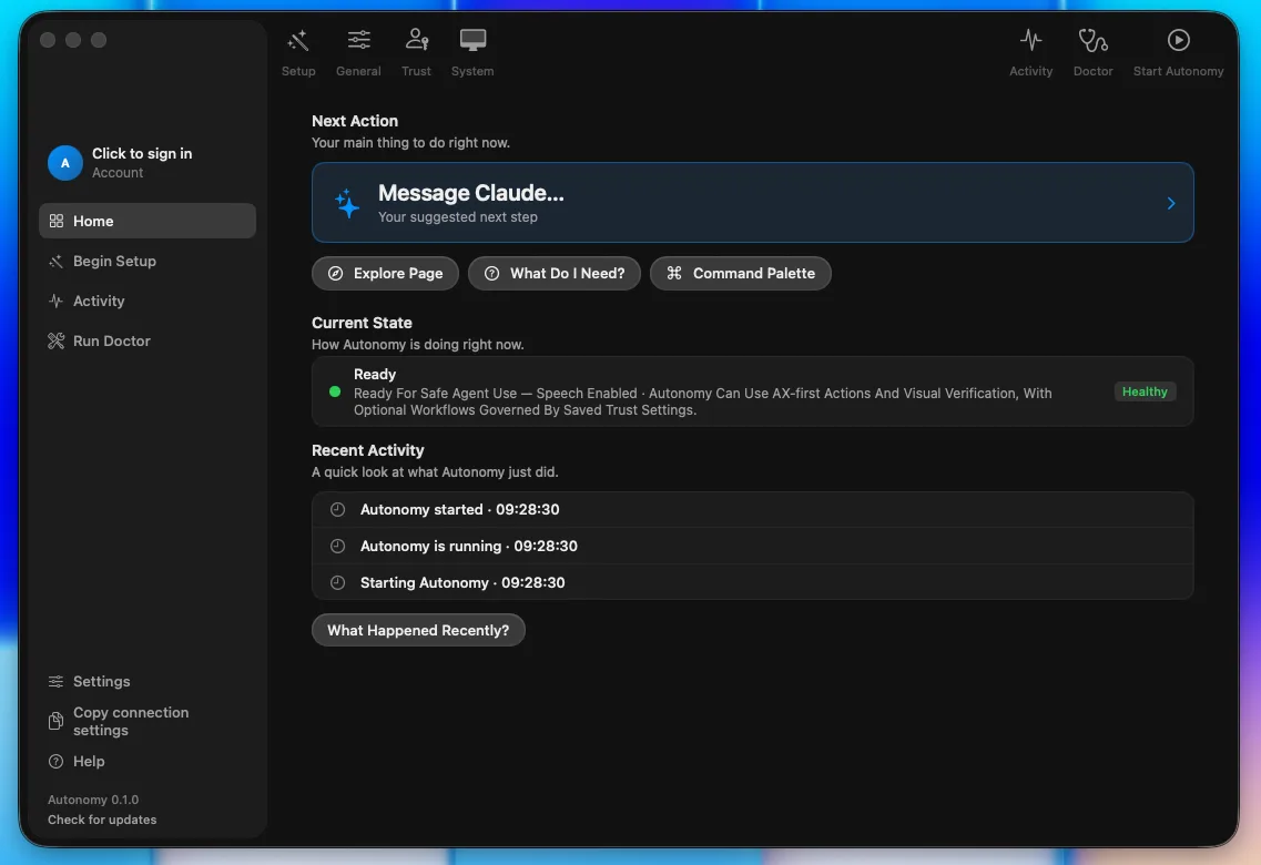 Autonomy dashboard showing device status, suggested next action, and recent activity.