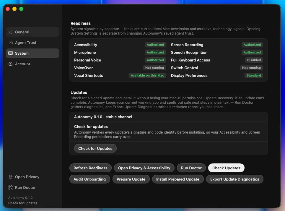Autonomy setup screen showing permission checks and system readiness.